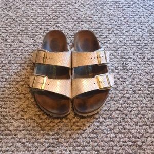 white iridescent snake skin birkenstocks
